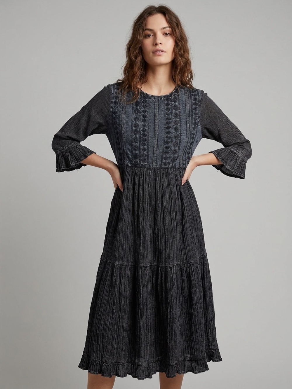 Black Embroidered Midi Dress - Women's Long Sleeve